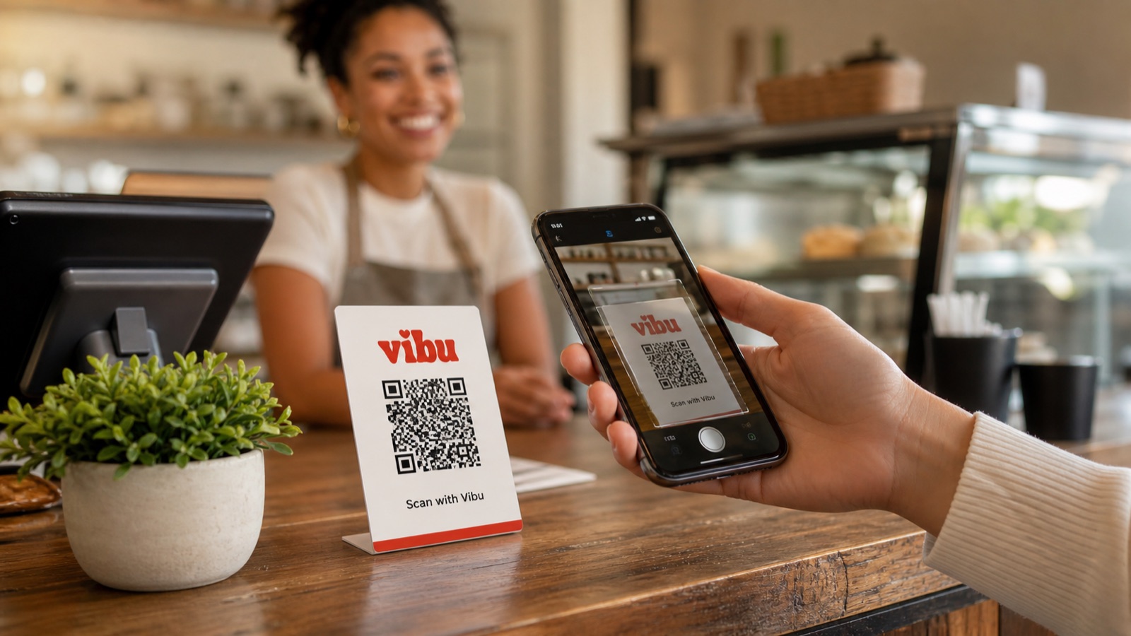 A customer's hand holds their phone over a small printed Vibu QR card on a vendor's counter, the camera viewfinder framing the code. The vendor smiles in soft focus behind.