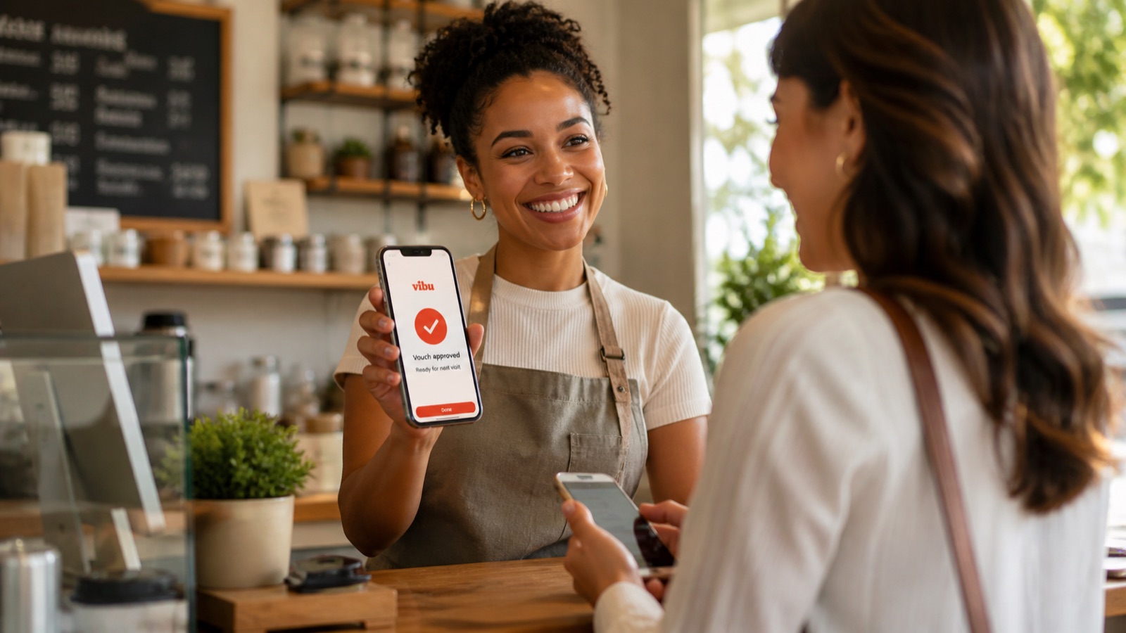 A smiling vendor at the counter holding her phone showing a Vibu approval notification with a checkmark. In the foreground, a customer's hands hold their own phone.